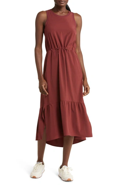 Zella Drawcord Waist Tiered Maxi Dress In Burgundy Port