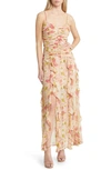 FLORET STUDIOS FLORAL RUCHED BODICE CASCADING RUFFLE MAXI DRESS