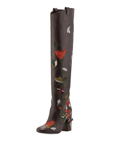 Laurence Dacade Silas Embroidered Leather Knee Boot, Brown Pattern