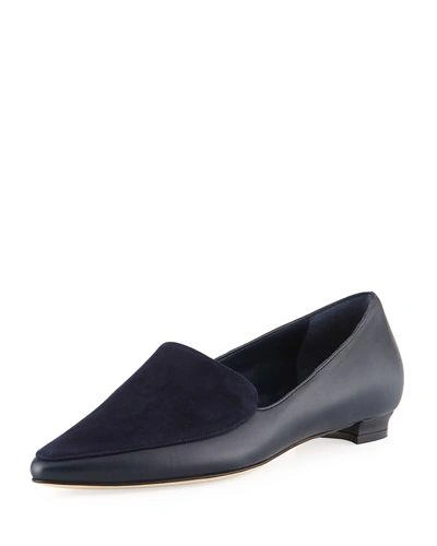 Manolo Blahnik Tintoretta Flat Napa & Suede Loafer In Navy