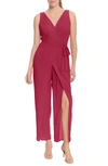 London Times Solid Side Tie Jumpsuit In Cherry