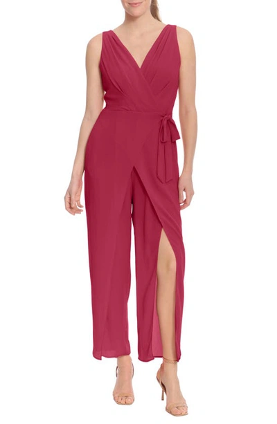 London Times Solid Side Tie Jumpsuit In Cherry