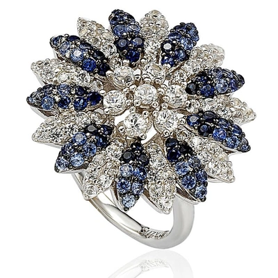Suzy Levian Sapphire And Diamond In Sterling Silver And 18k Gold Logo Ring In Blue