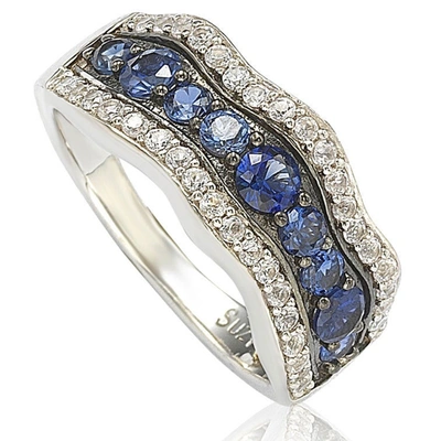 Suzy Levian Sapphire And Diamond Accent In Sterling Silver Wavy Ring In Blue