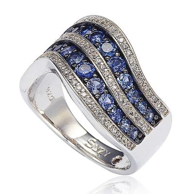 Suzy Levian Sterling Silver/ 18k Gold 2.49tcw Sapphire And Diamond Accent Wavy Ring In Blue