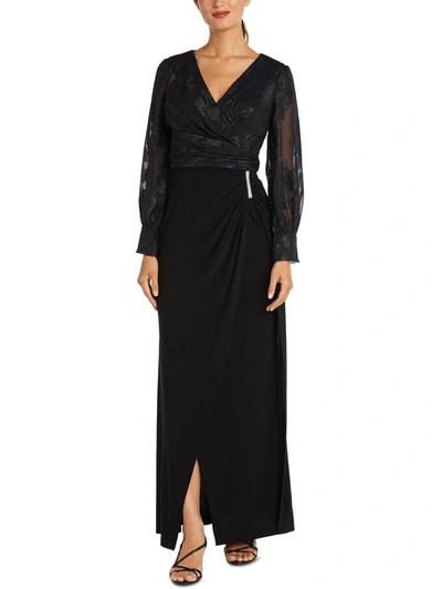 R & M Richards Petites Womens Faux-wrap Maxi Evening Dress In Black