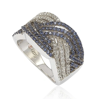 Suzy Levian Crossover Blue And White Sapphire Sterling Silver Ring