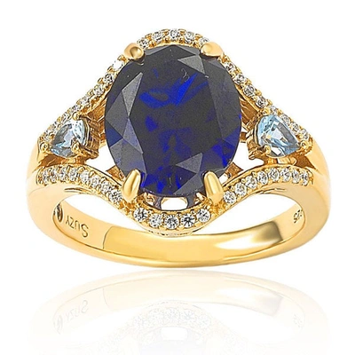 Suzy Levian Gold Plated Sterling Silver Created Sapphire Ring In Blue