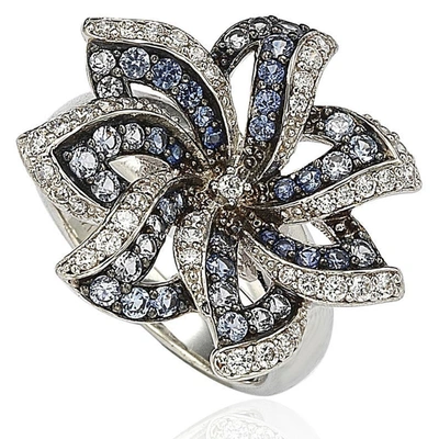 Suzy Levian Sapphire And Diamond In Sterling Silver Flower Ring In Blue