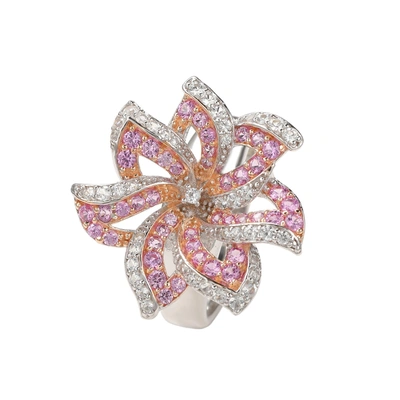 Suzy Levian Pink Sapphire And Diamond In Sterling Silver Flower Ring