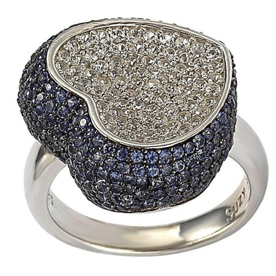Suzy Levian Sterling Silver Sapphire And Diamond Accent Micro Pave Heart Ring In Blue