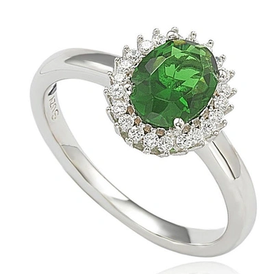 Suzy Levian Sterling Silver Simulated Green Emerald Oval Cubic Zirconia Halo Ring