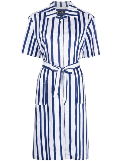 Apc Striped Belted Midi Dress In Blue