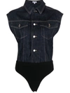 Alaïa Button-front Denim Bodysuit In Blue