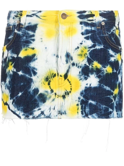 Alanui Moonrise Frayed Tie-dyed Denim Mini Skirt In Blue