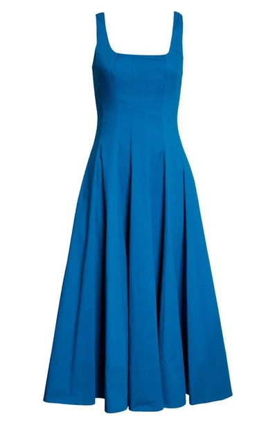 Staud Wells Stretch Cotton Poplin Midi Fit & Flare Dress In Blue