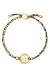 Tory Burch Miller Logo Charm Braided Cord Slider Bracelet In 18k Gold Plated In Tory Gold / Pink Multi