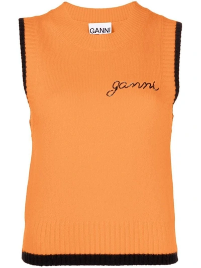 Ganni Sleeveless Wool-blend Top In Orange