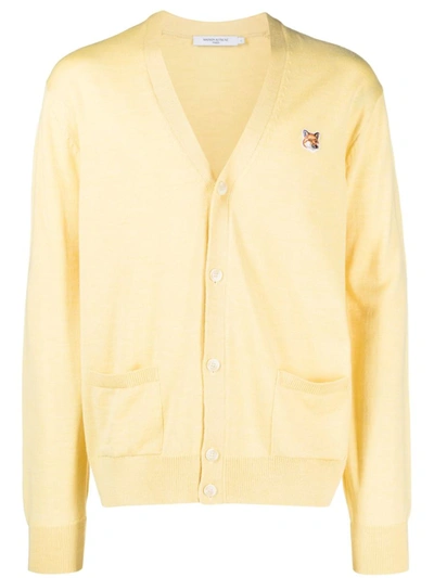 Maison Kitsuné Fox Head-patch Knitted Cardigan In Yellow