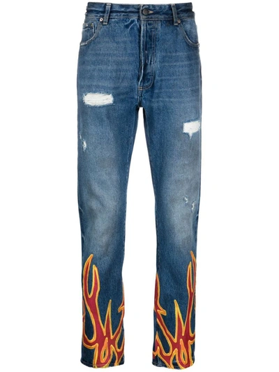Palm Angels Burning Flame-print Straight-leg Jeans In Blue