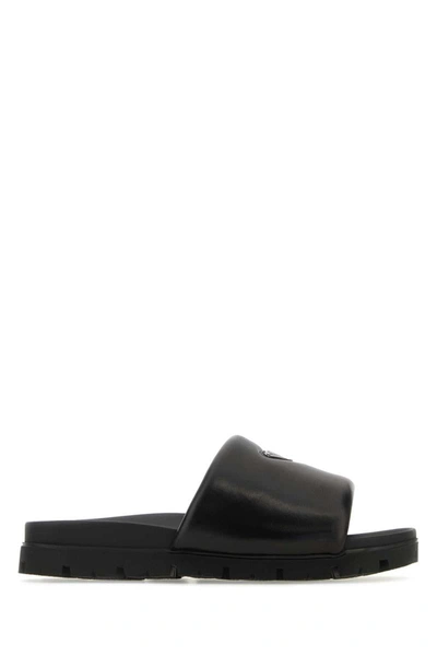 Prada Logo Plaque Brushed Leather Slides In Black