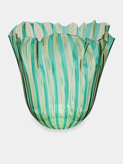 Venini Fazzoletto A Canne Large Murano Glass Vase In Blue