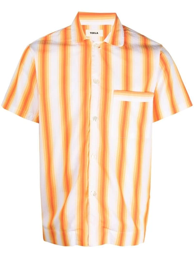 Tekla Striped Organic Cotton-poplin Pajama Shirt In Orange
