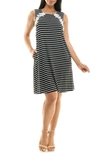 Nina Leonard Striped & Crochet Trim Dress In Black/ Ivory