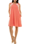 Nina Leonard Striped & Crochet Trim Dress In Coral/ Ivory