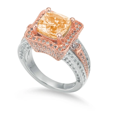 Suzy Levian Two-tone Sterling Silver 5.57 Cttw Cushion Cut Orange Citrine Ring