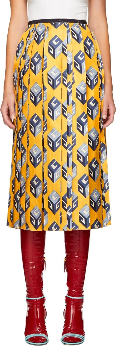Gucci Pleated Printed Silk-twill Midi Skirt In Yellow&orange