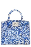 Ferragamo The Studio Foliage-print Box Top-handle Bag In Lapis/ Optic White