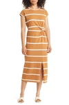 Caslon Twist Waist Organic Cotton Midi T-shirt Dress In Tan Sugar- White Stripe