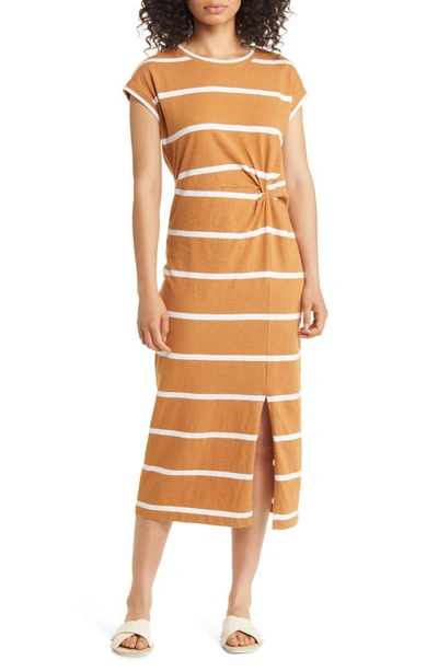 Caslon Twist Waist Organic Cotton Midi T-shirt Dress In Tan Sugar- White Stripe