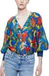 ALICE AND OLIVIA LANG FLORAL PRINT SMOCKED CUFF COTTON & SILK BLOUSE