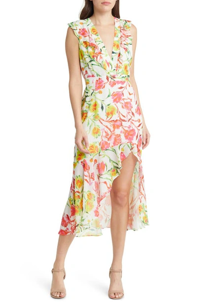 Milly Nanci Neon Botanical Ruffle Dress In White Multi