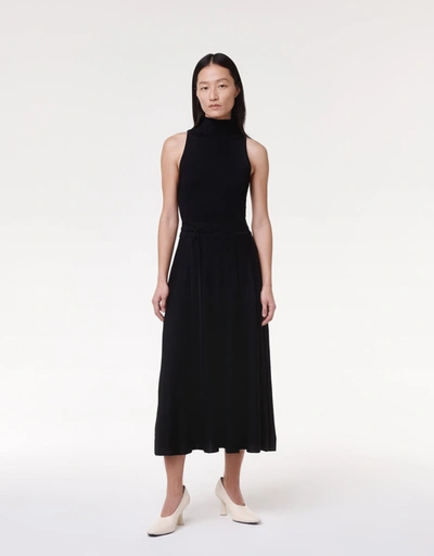 Another Tomorrow Pleated Mock Neck Dress In Black