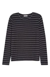 Vince Reverse Stripe Long Sleeve Crewneck Cotton Top In Coastal/ Off White