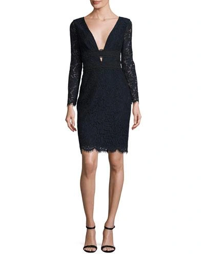 Diane Von Furstenberg Viera Lace Long-sleeve V-neck Cocktail Dress, Deep Night/black