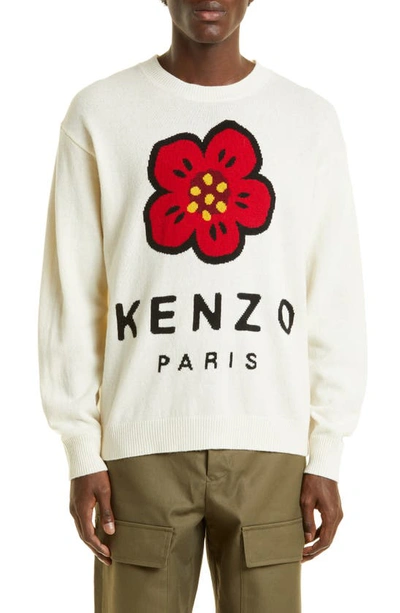 Kenzo Intarsia Boke Flower Paris Logo Wool Jumper In Off White