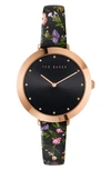TED BAKER AMMY FLORAL LEATHER STRAP WATCH, 34MM