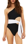 BEACH RIOT CARLIE CUTOUT ONE-SHOULDER TIE WAIST ONE-PIECE SWIMSUIT