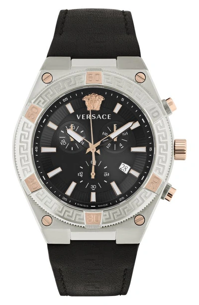 Versace Men's Swiss Chronograph V-sporty Greca Black Leather Strap Watch 46mm In Stainless Steel
