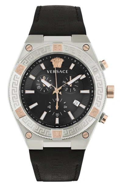 Versace Men's Swiss Chronograph V-sporty Greca Black Leather Strap Watch 46mm In Silver