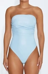 Naked Wardrobe Pleated Strapless Faux Leather Bodysuit In Baby Blue