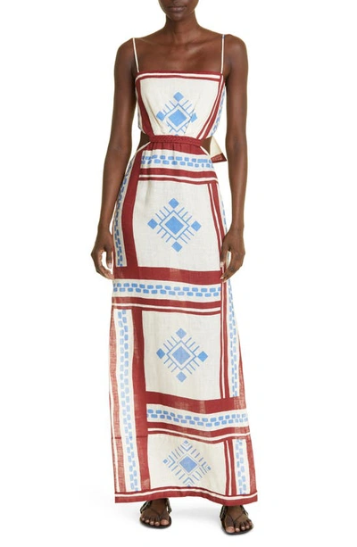 Johanna Ortiz Kay Pacha Abstract Print Cotton Maxi Dress In Cuzco Sand,wine,cobalt