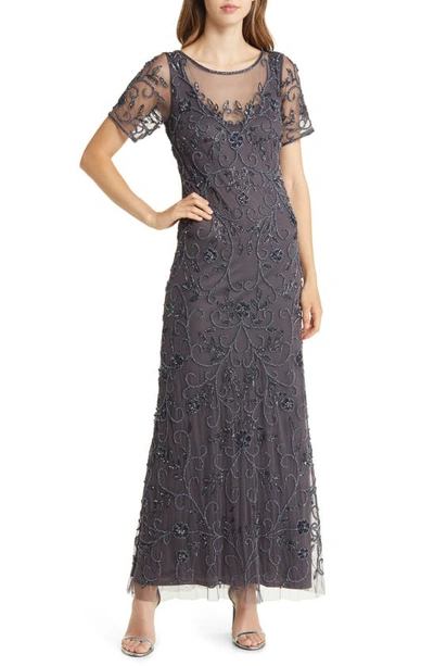 Pisarro Nights Floral Beaded Short Sleeve A-line Gown In Slate