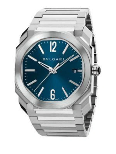 Bvlgari 41mm Stainless Steel Octo Solotempo Watch W/ Blue Dial In Silver