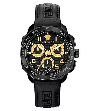 Versace Dylos Stainless Steel Leather Strap Chronograph Watch In Black