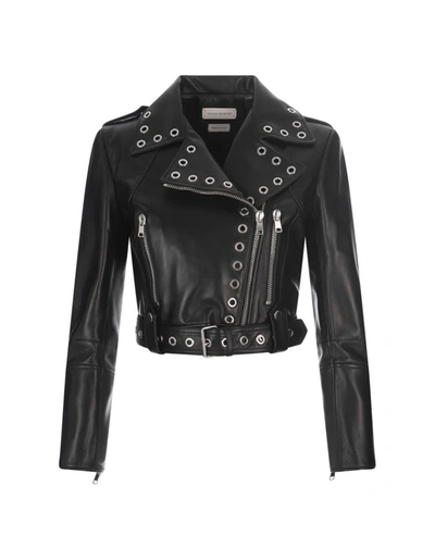 Alexander Mcqueen Rivet-embellished Cropped Leather Biker Jacket In Black Silver